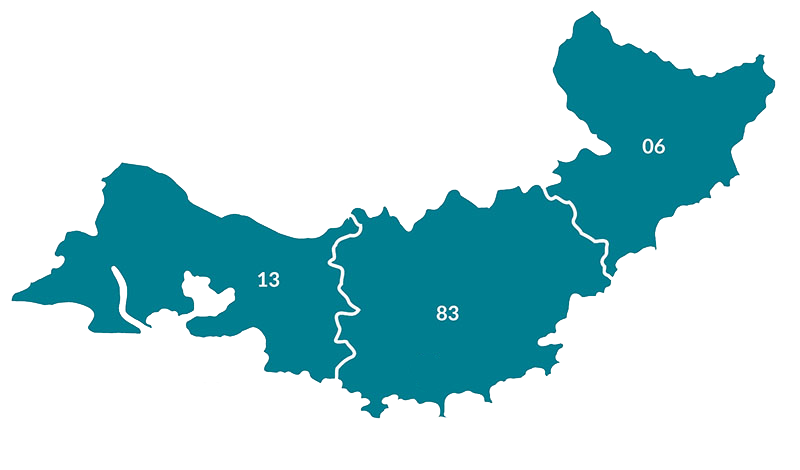 Carte de la zone d'intervention du cabinet Transversal dans le Var, les Bouches-du-Rh&ocirc;ne et les Alpes-Maritimes