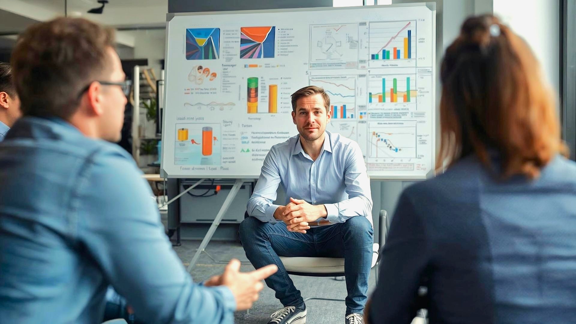 Un expert Transversal en conseil à l'achat échangeant avec deux acquéreurs sur leur stratégie de reprise d'entreprise à Toulon